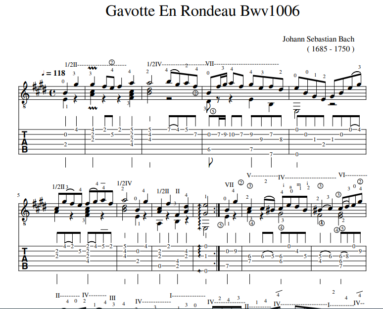 Gavotte En Rondeau Bwv1006 sheet music for guitar tab